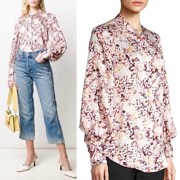 EQUIPMENT Floral Satin Draped Puff Long Sleeve Button Up Stand Collar Blouse S - Picture 3 of 13